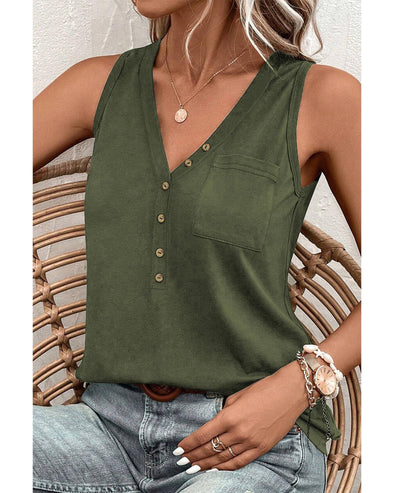 Jungle Green Half Button V Neck Patched Pocket Tank Top - XL