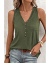 Jungle Green Half Button V Neck Patched Pocket Tank Top - XL