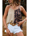Khaki Leopard Contrast Patchwork Spaghetti Strap Tank Top - L