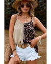 Khaki Leopard Contrast Patchwork Spaghetti Strap Tank Top - L