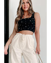 Black Pearl Decor Square Neck Sleeveless Crop Top - L
