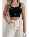 Black Pearl Decor Square Neck Sleeveless Crop Top - XL
