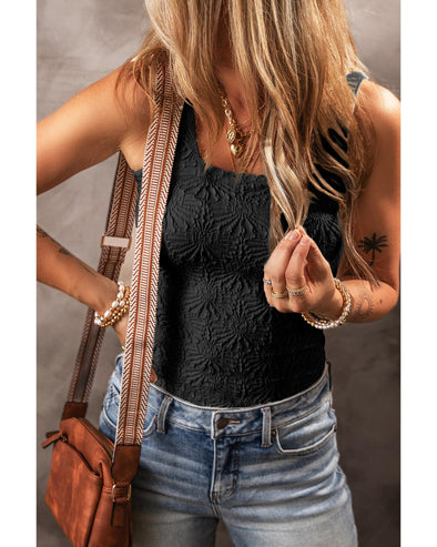 Black Floral Jacquard Square Neck Tank Top - XL