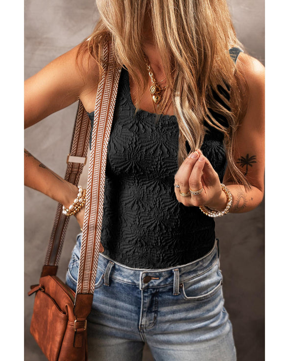 Black Floral Jacquard Square Neck Tank Top - XL