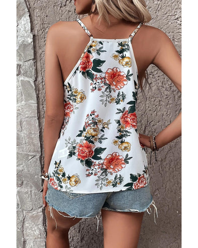 White Floral Print Lace V Neck Tank Top - L