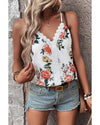 White Floral Print Lace V Neck Tank Top - L