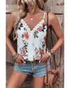 White Floral Print Lace V Neck Tank Top - L