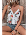 White Floral Print Lace V Neck Tank Top - L