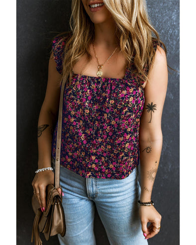 Rose Boho Frilled Straps Floral Tank Top - L