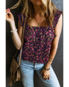 Rose Boho Frilled Straps Floral Tank Top - L