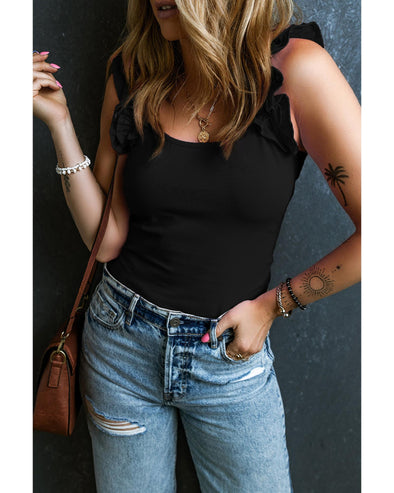 Black Ruffled Wide Straps Slim Tank Top - XL