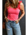 Strawberry Pink Ruffled Wide Straps Slim Tank Top - L