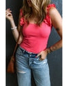 Strawberry Pink Ruffled Wide Straps Slim Tank Top - XL