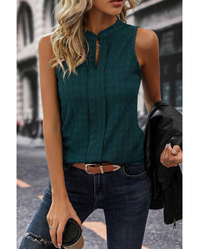 Sea Green Lattice Textured Split Neck Tank Top - S
