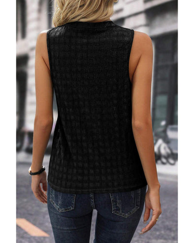 Black Lattice Textured Split Neck Tank Top - S