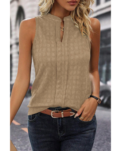 Light French Beige Lattice Textured Split Neck Tank Top - L