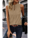 Light French Beige Lattice Textured Split Neck Tank Top - L