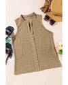 Light French Beige Lattice Textured Split Neck Tank Top - L