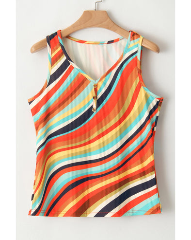Multicolour Wavy Striped Buttoned V Neck Tank Top - XL