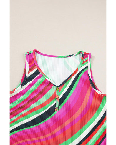 Purple Wavy Striped Buttoned V Neck Tank Top - L