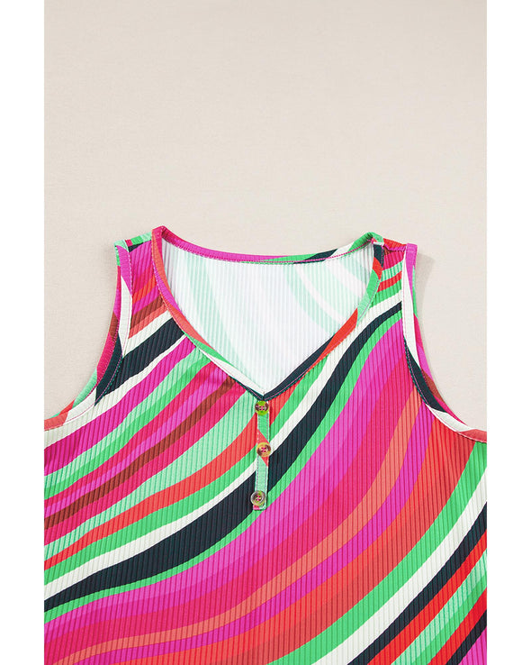 Purple Wavy Striped Buttoned V Neck Tank Top - L
