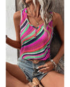 Purple Wavy Striped Buttoned V Neck Tank Top - L