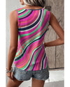 Purple Wavy Striped Buttoned V Neck Tank Top - L