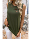 Jungle Green Solid Color Distressed Holes Crew Neck Tank Top - M