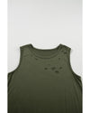 Jungle Green Solid Color Distressed Holes Crew Neck Tank Top - M