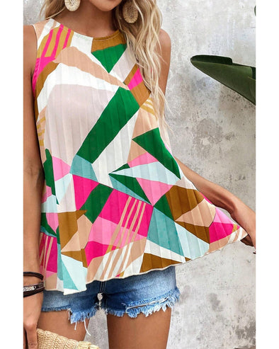 Multicolour Geometric Printed Pleated Shift Tank Top - M