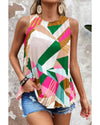 Multicolour Geometric Printed Pleated Shift Tank Top - S