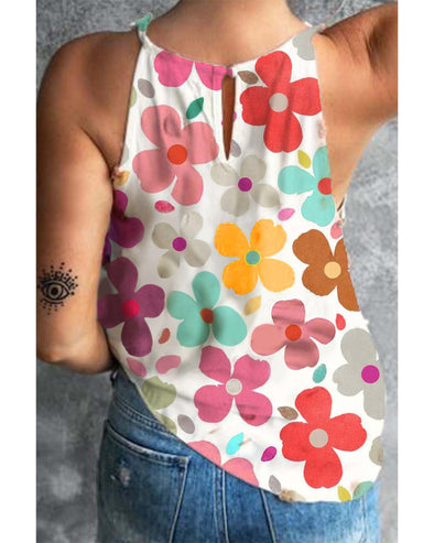 White Cute Floral Print Vest - M