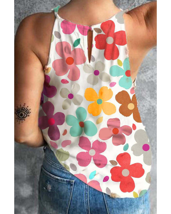 White Cute Floral Print Vest - M