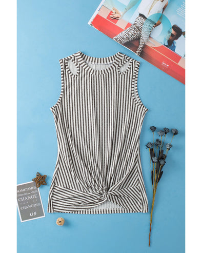 Gray Striped Cutout Twist Front Tank Top - M