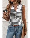 White Striped V Neck Buttoned Tank Top - XL