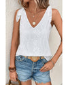 White Embroidery Patterned Knotted Straps V Neck Tank Top - XL