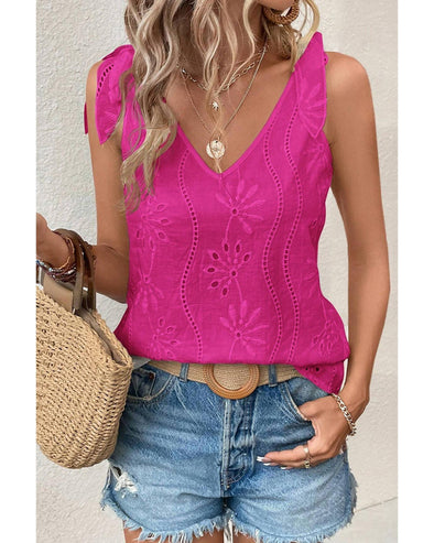 Rose Red Embroidery Patterned Knotted Straps V Neck Tank Top - L