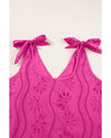 Rose Red Embroidery Patterned Knotted Straps V Neck Tank Top - L