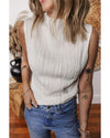 White Solid Color Wavy Textured Round Neck Tank Top - XL