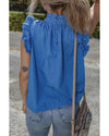 Sky Blue Frilled Neck Ruffled Armholes Buttoned Back Tank Top - M