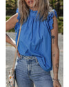 Sky Blue Frilled Neck Ruffled Armholes Buttoned Back Tank Top - M