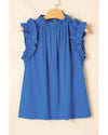 Sky Blue Frilled Neck Ruffled Armholes Buttoned Back Tank Top - M