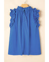 Sky Blue Frilled Neck Ruffled Armholes Buttoned Back Tank Top - M