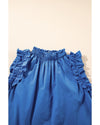 Sky Blue Frilled Neck Ruffled Armholes Buttoned Back Tank Top - M