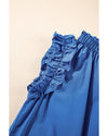 Sky Blue Frilled Neck Ruffled Armholes Buttoned Back Tank Top - M