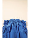 Sky Blue Frilled Neck Ruffled Armholes Buttoned Back Tank Top - M