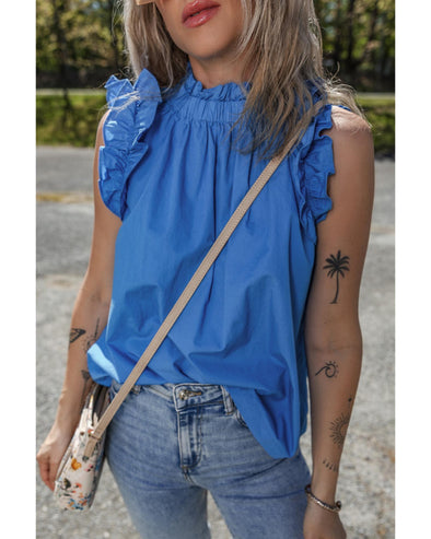 Sky Blue Frilled Neck Ruffled Armholes Buttoned Back Tank Top - XL