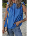 Sky Blue Frilled Neck Ruffled Armholes Buttoned Back Tank Top - XL