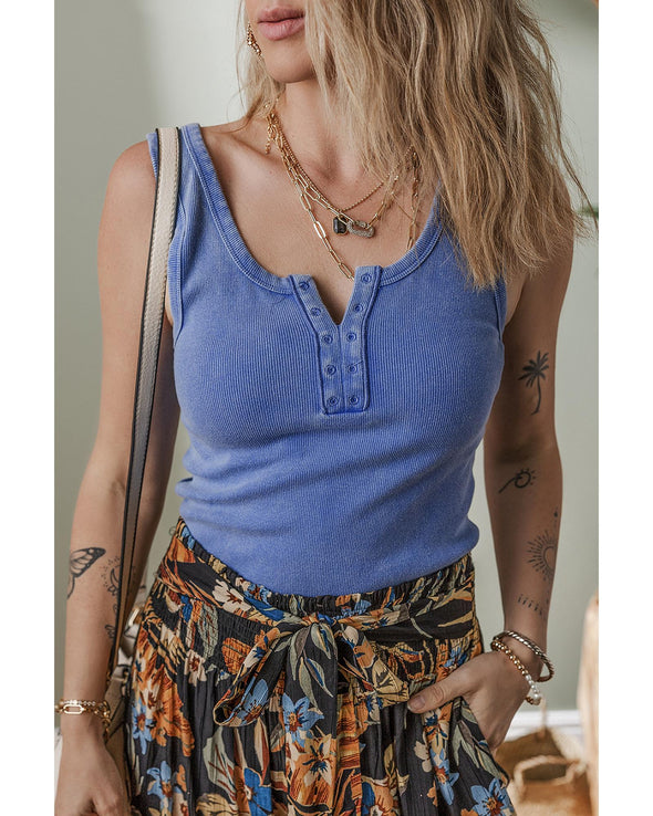 Sky Blue Mineral Wash Ribbed Notch Neck Tank Top - L