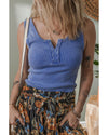 Sky Blue Mineral Wash Ribbed Notch Neck Tank Top - M